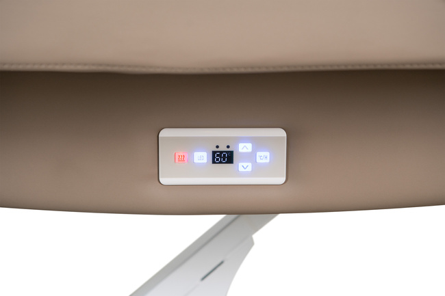 Leżanka kosmetyczna WEELKO® TAL z podgrzewanym materacem COMFY,  podświetlaną podstawą LED ze sterowaniem pilotem i panelem LCD z tapicerką w kolorze beżu