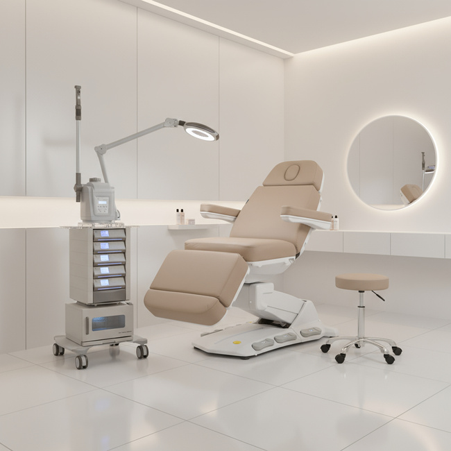 Fotel kosmetyczny WEELKO® MAXI COZY HT wysokiego unoszenia obrotowy 110° z ULTRA KOMFORTOWYM podgrzewanym materacem