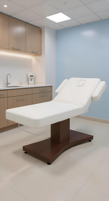 Leżanka kosmetyczna WEELKO® GOID z białym materacem i brązową podstawą