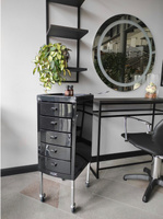 Stolik fryzjerski ARTECNO® RIALTO | Pomocnik fryzjerski z uchwytem na suszarkę na kółkach