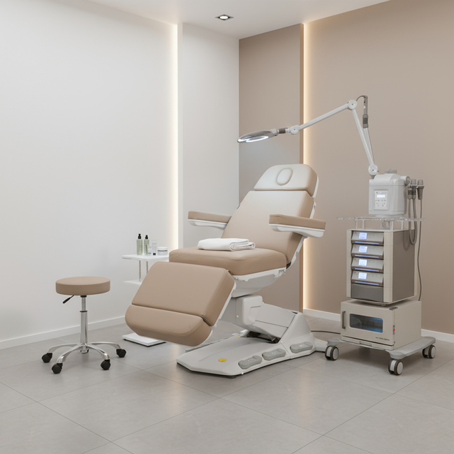 Fotel kosmetyczny wysokiego unoszenia WEELKO® MAXI COZY+ obrotowy 110° z ULTRA KOMFORTOWYM beżowym materacem